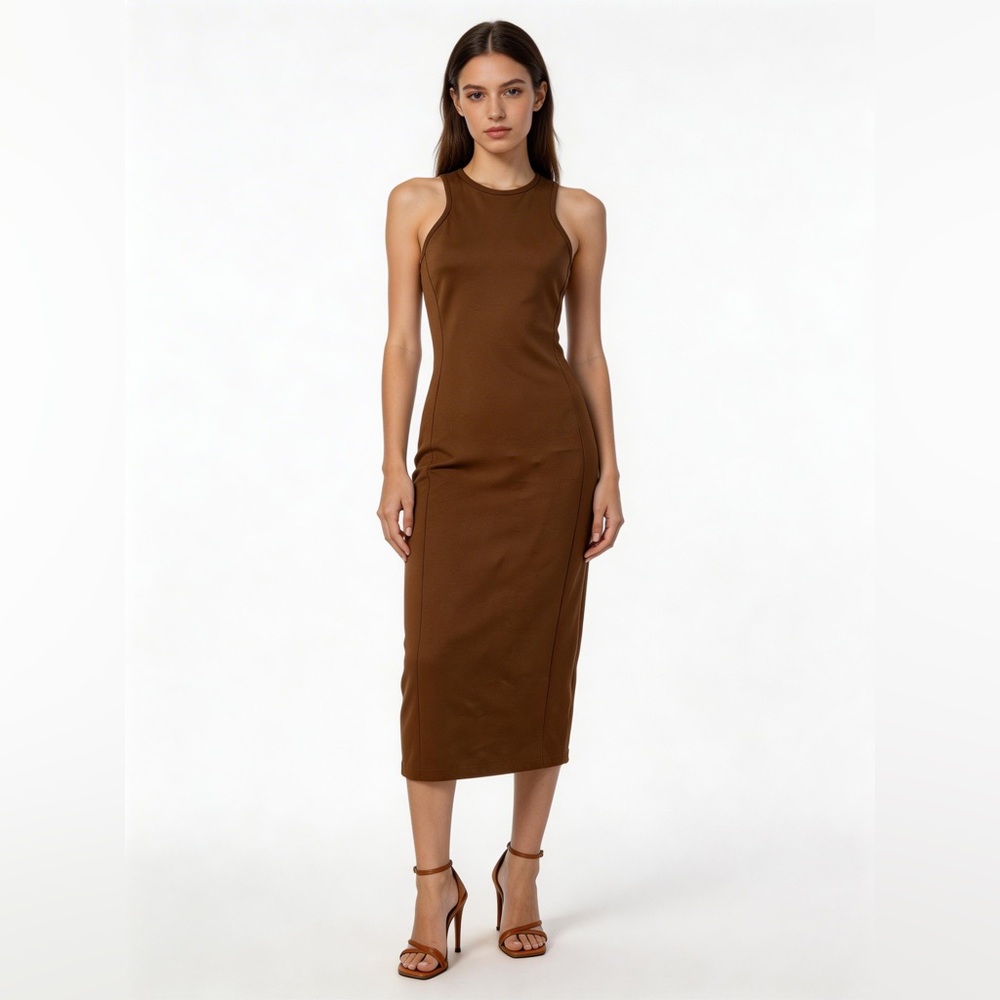 Max Mara Brown Sleeveless Bodycon Midi Dress Size 6 NWTO Stretch Knit Italy